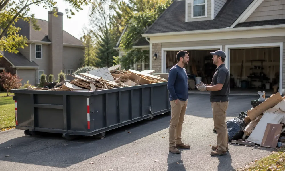 A roll-off dumpster filled with renovation debris outside a home