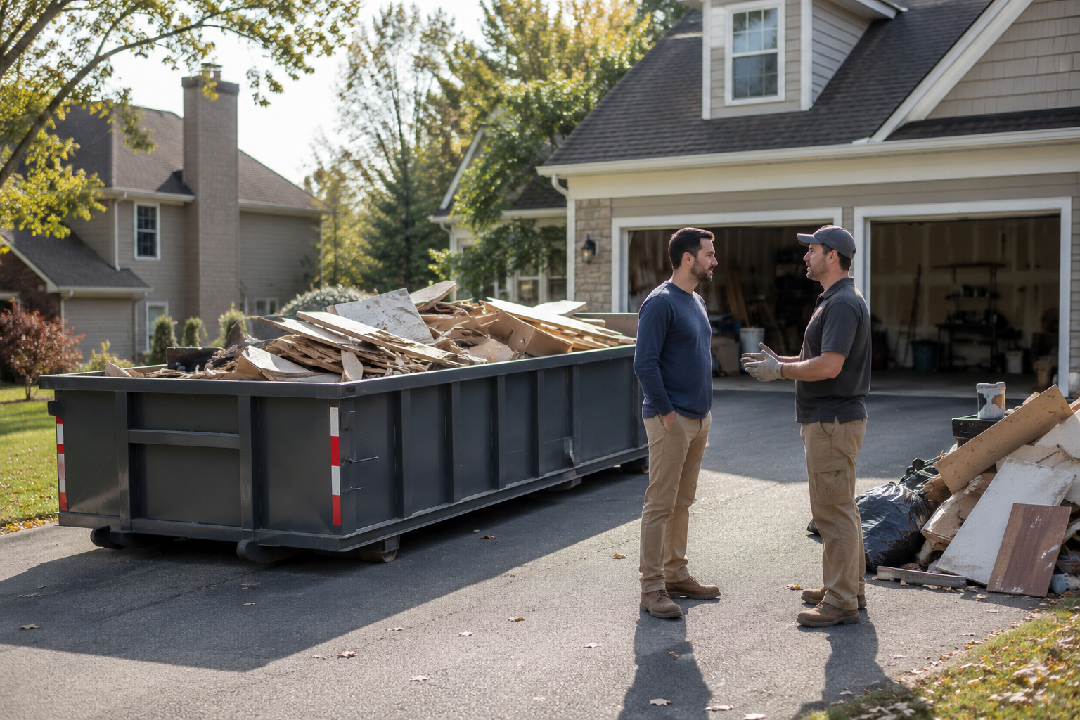 A roll-off dumpster filled with renovation debris outside a home